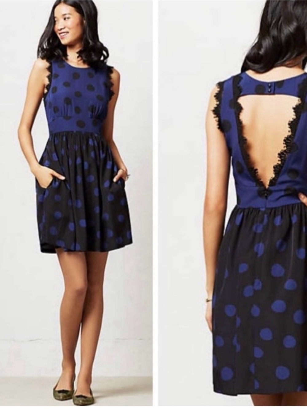 Anthropologie CoreyLynnCalter Blue&Black Polka Dot Sleeveless Dress w lace trim